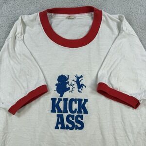 Vintage T-Shirt Mens XL White Kick Ass Donkey Ringer Screen Stars Made USA 80s